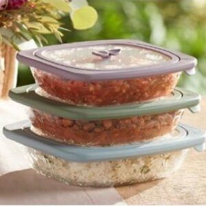 Princess House Glass Food Storage Bowls with Lavender, Sage, and Light Blue Lids